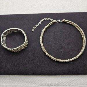 Jewelry Set Faux Pearl Crystal Necklace Choker 12” Crystal Bracelet Silver Tone